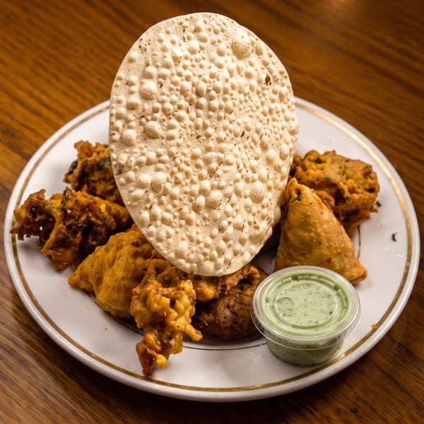 A plate of Indian appetizers including pakoras, samosas, papadum, and green dipping sauce.