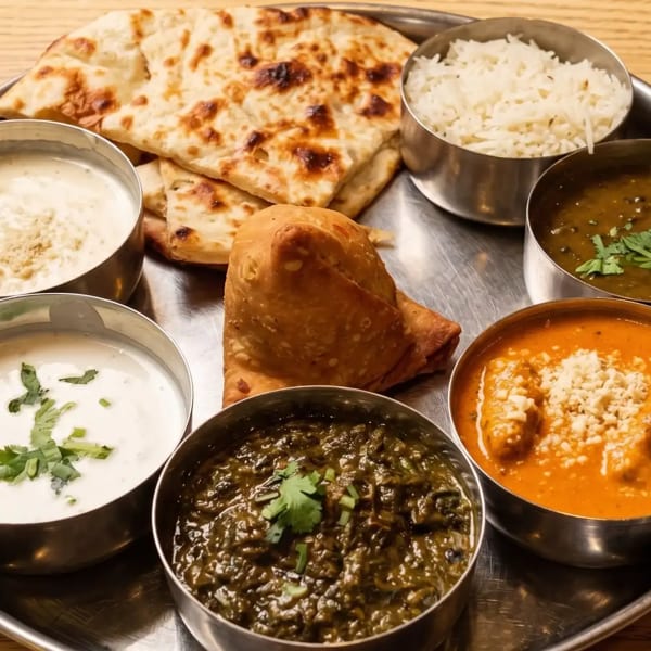 Indian thali with naan, rice, samosa, and several bowls of curries and raita.