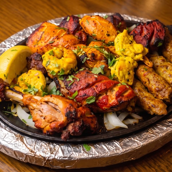 Sizzling platter of grilled chicken, shrimp, and kebabs with lemon and herbs on a wooden table.