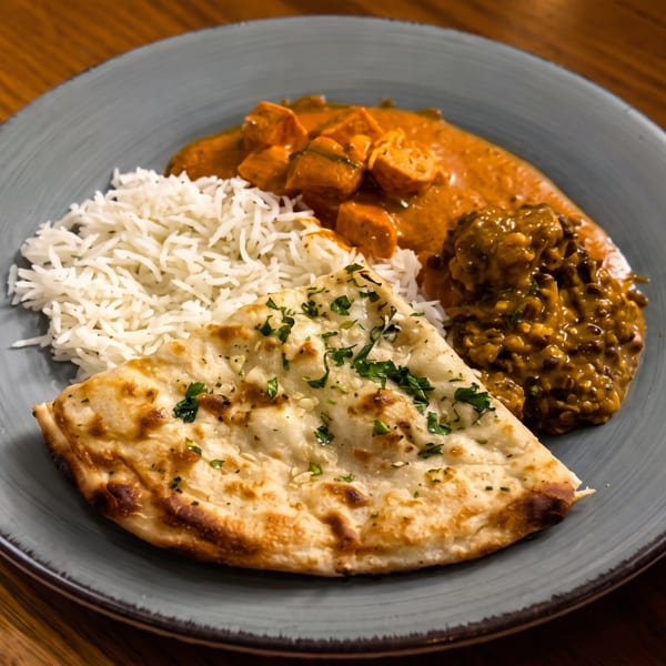 Grey plate with basmati rice, naan bread, chicken curry, and dark lentil dal.