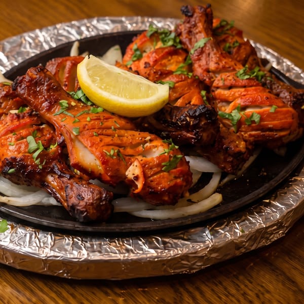 Sizzling Tandoori chicken with onions, a lemon wedge, and fresh herbs on a wooden table.